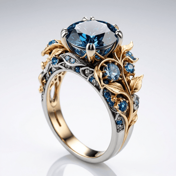 Anillo vintage Rose & Oliver con topacio azul y dorado, detalles ornamentales y acabado elegante.