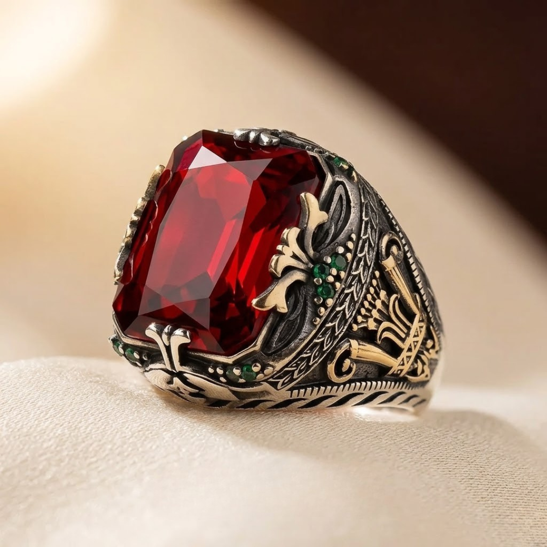 Anel de compromisso Rose & Oliver em prata com detalhe ornamentado e pedra rubi vermelha, estilo signet.