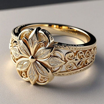 Anillo Rose & Oliver con circonia exótica dorada y detalles florales, acabado elegante y acabado dorado brillante.